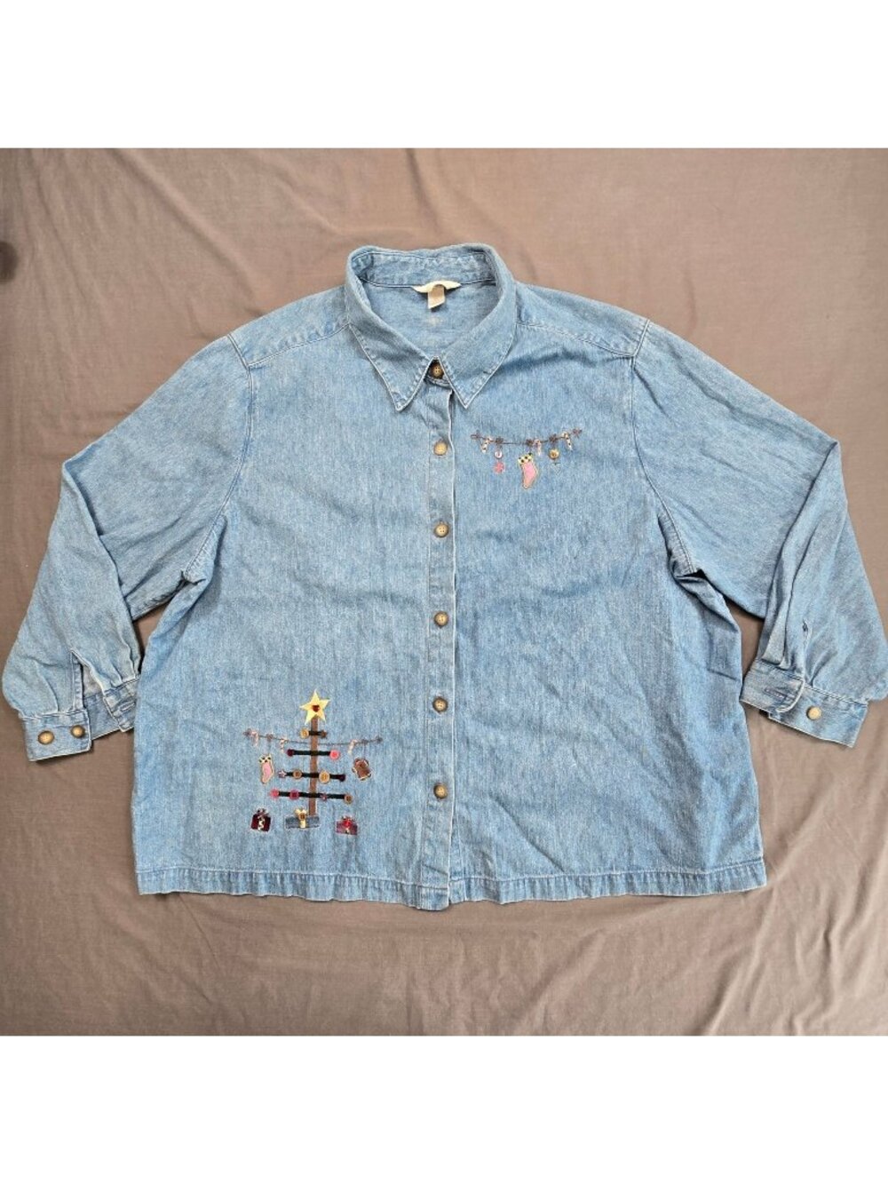 CJ Banks 3X Denim Button-Up Shirt Blue Embroidered Christmas Tree Holiday